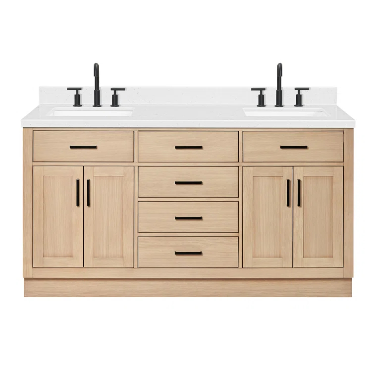 Tidworth 66'' Solid Wood Double Bathroom Vanity with 1.5'' Carrara Quartz Top, Rectangular Sinks