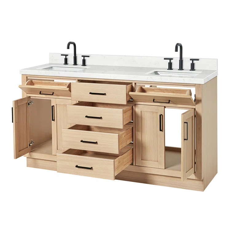 Tidworth 66'' Solid Wood Double Bathroom Vanity with 1.5'' Carrara Quartz Top, Rectangular Sinks