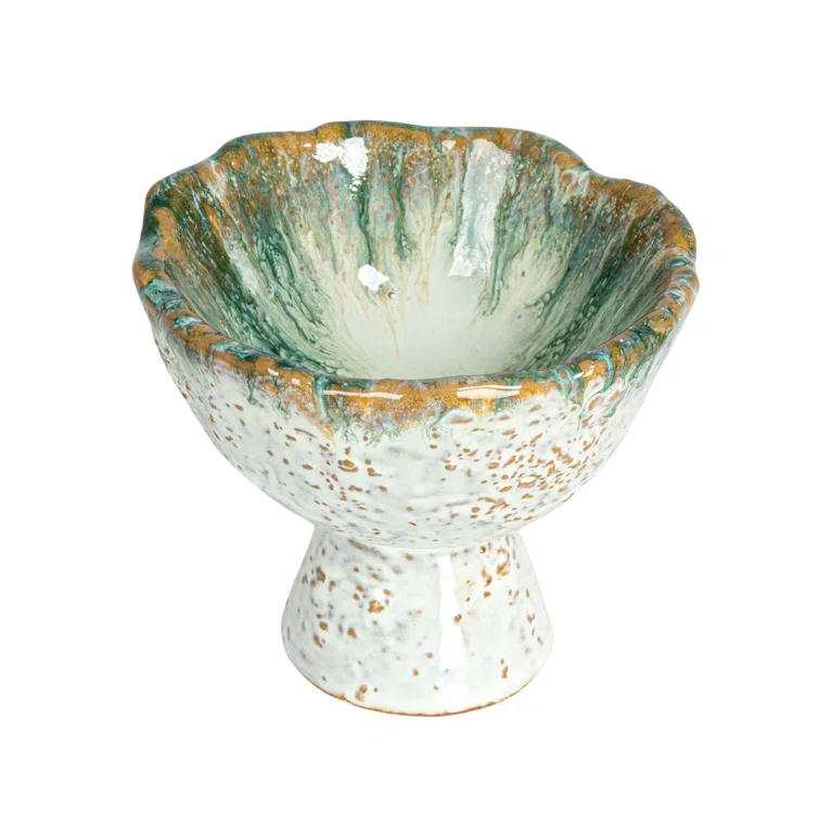 Green and Brown Speckled Stoneware Bowl with Stand
