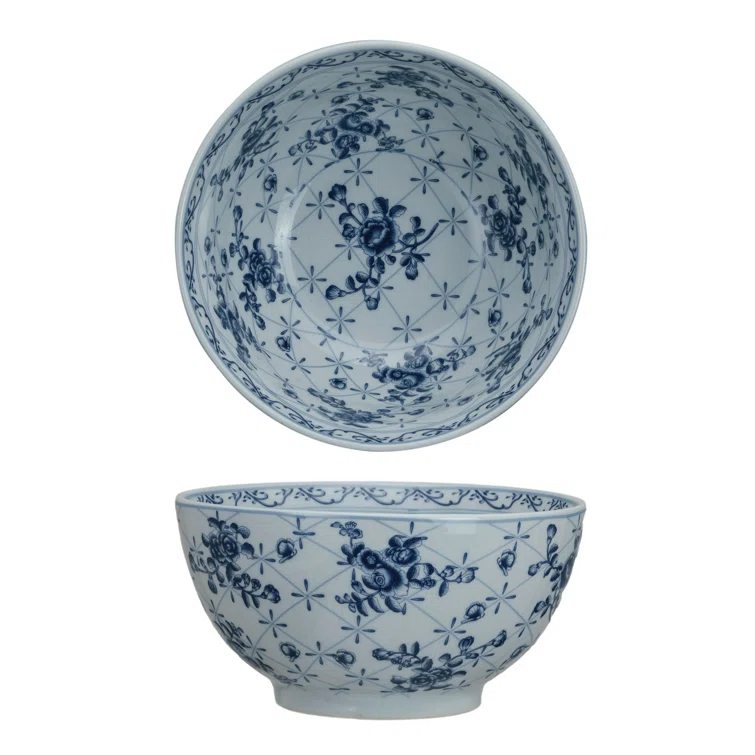 Creative Co-Op Floral Elegance Porcelain Bowl, Blue and White