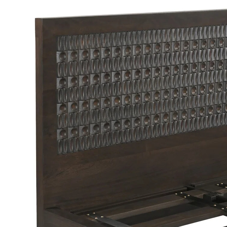 King Dark Brown Mango Wood Platform Bed with Carved Headboard