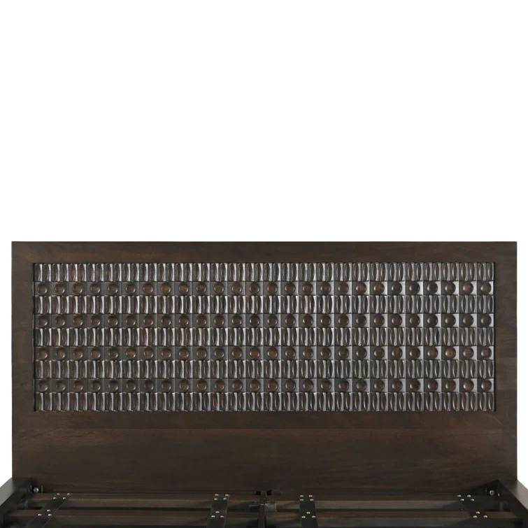 King Dark Brown Mango Wood Platform Bed with Carved Headboard