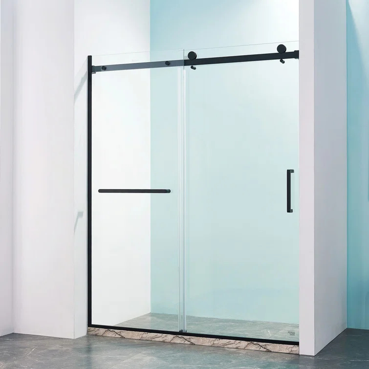 Siva 60 In. W X 75 In. H Semi-Frame Sliding Shower Door In Black With 5/16" Tempered Clear Glass