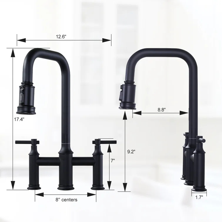 WOWOW 2318901B Bridge-Style Kitchen Faucet With Dual Handles And A Pull-Down Spray Head, Designed For Installation On A 3-Hole Kitchen Sink