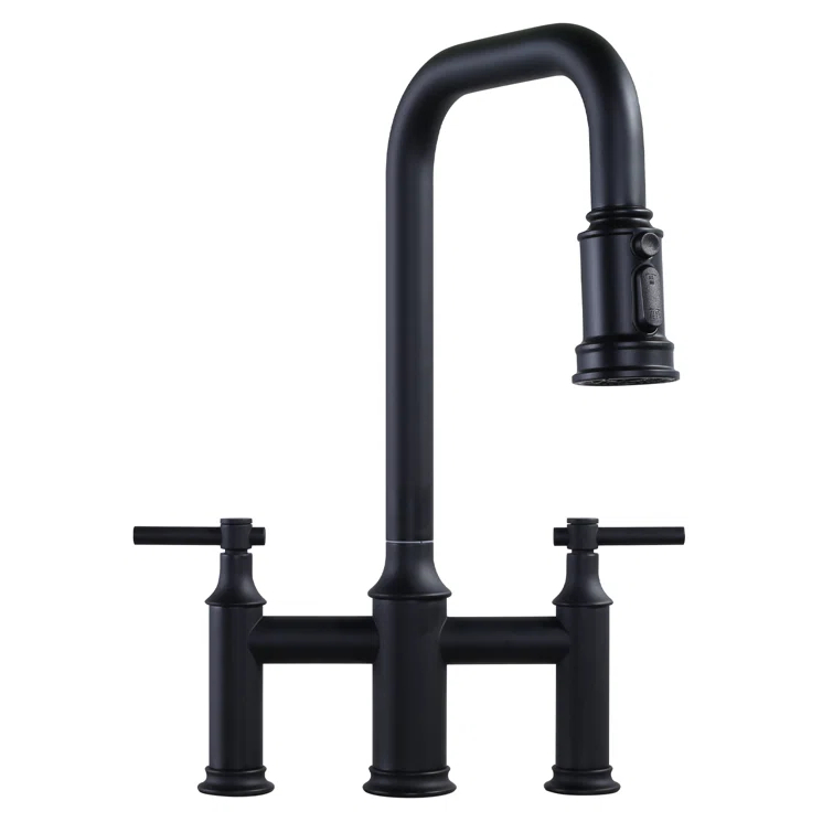 WOWOW 2318901B Bridge-Style Kitchen Faucet With Dual Handles And A Pull-Down Spray Head, Designed For Installation On A 3-Hole Kitchen Sink