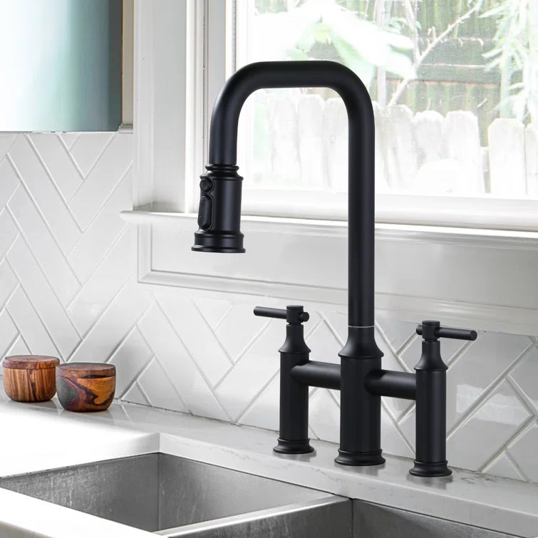 WOWOW 2318901B Bridge-Style Kitchen Faucet With Dual Handles And A Pull-Down Spray Head, Designed For Installation On A 3-Hole Kitchen Sink