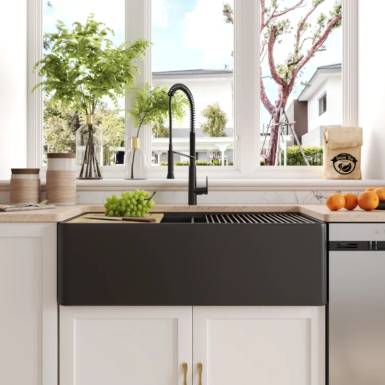 DeerValley 33" L X 20" W Double Basin Workstation Farmhouse Kitchen Sink With Sink Grid, Cutting Board And Dish-Drying Rack