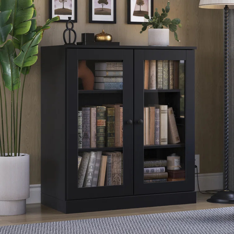 100% Solid Wood 3-Shelf Bookcase with Clear Glass Doors and Adjustable Shelves