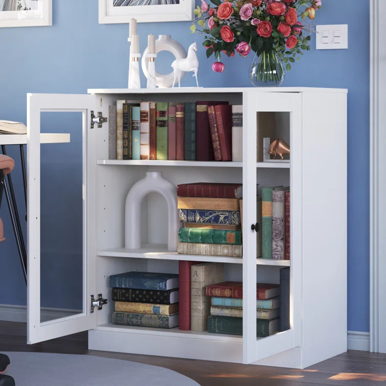 100% Solid Wood 3-Shelf Bookcase with Clear Glass Doors and Adjustable Shelves
