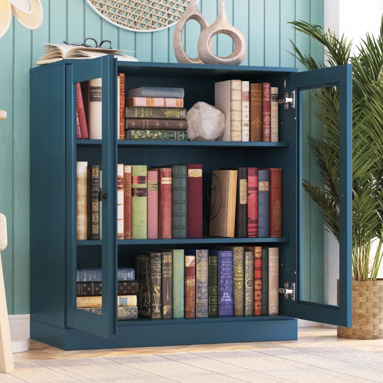 100% Solid Wood 3-Shelf Bookcase with Clear Glass Doors and Adjustable Shelves
