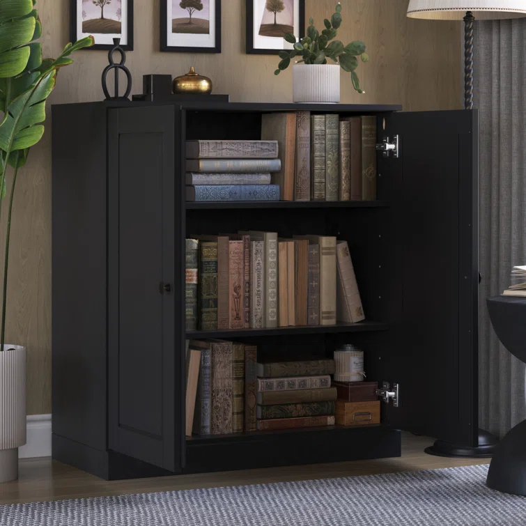 100% Solid Wood 3-Shelf Bookcase with Solid Doors and Adjustable Shelves