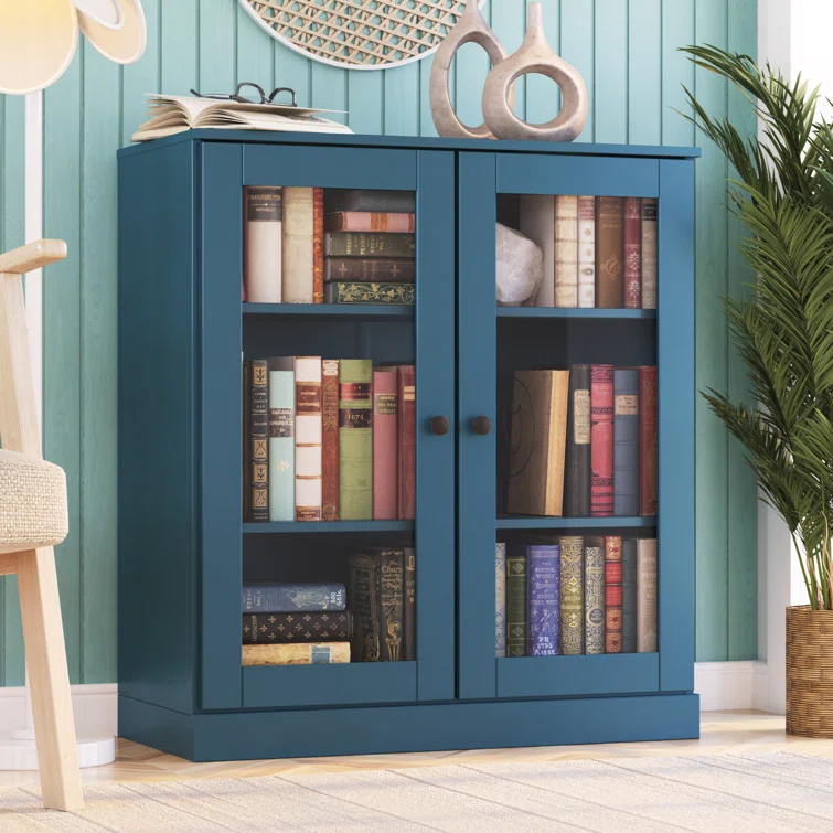 100% Solid Wood 3-Shelf Bookcase with Clear Glass Doors and Adjustable Shelves