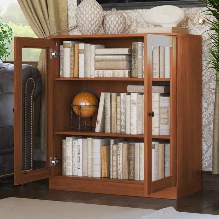 100% Solid Wood 3-Shelf Bookcase with Clear Glass Doors and Adjustable Shelves