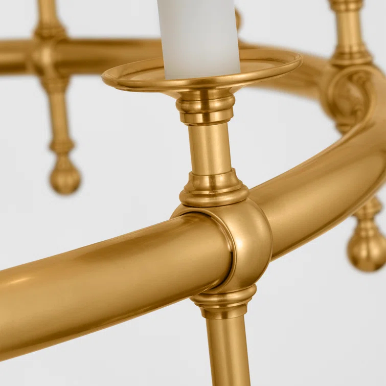 Antique-Burnished Brass 8-Light Chandelier with Linen Shades