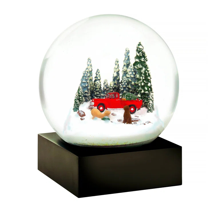 Handcrafted Glass Snow Globe with Red Truck and Dogs