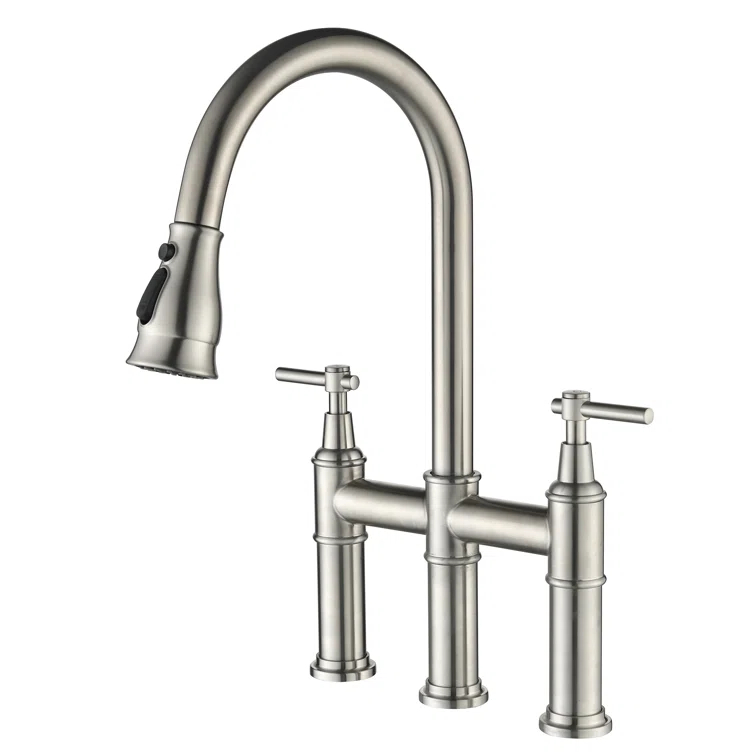 RBROHANT LYJ0078 17.32" Bridge Kitchen Faucet with Pull Down Sprayer, Bridge Faucet for Kitchen Sink 3 Holes
