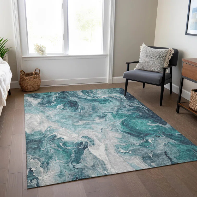 Machine Washable Indoor/Outdoor Cinead ACN1687 Teal Rug