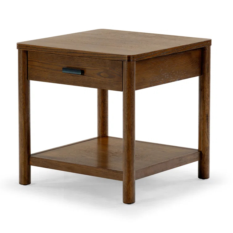 Medium Oak Wood and Metal End Table with Storage Drawer