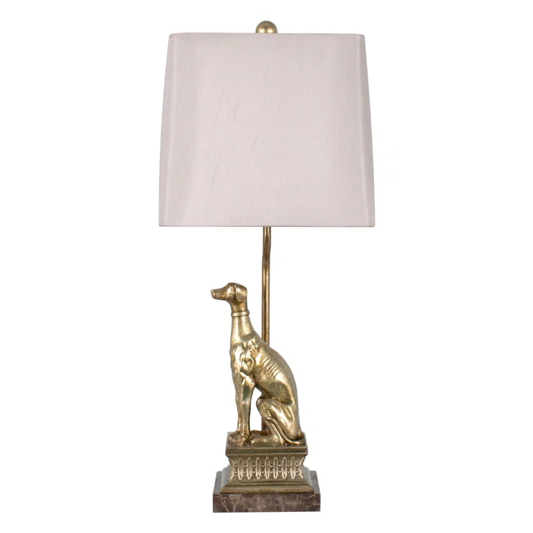 28" High Resin Table Lamp with Natural Fabric Shade, Gilded Silver