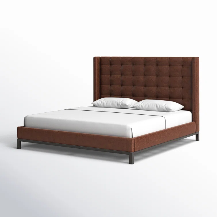 Elegance King-Size Gunmetal Iron Frame Bed with Vintage Tobacco Faux Leather