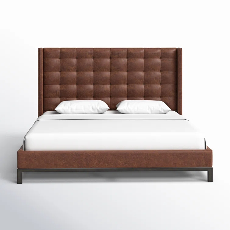 Elegance King-Size Gunmetal Iron Frame Bed with Vintage Tobacco Faux Leather