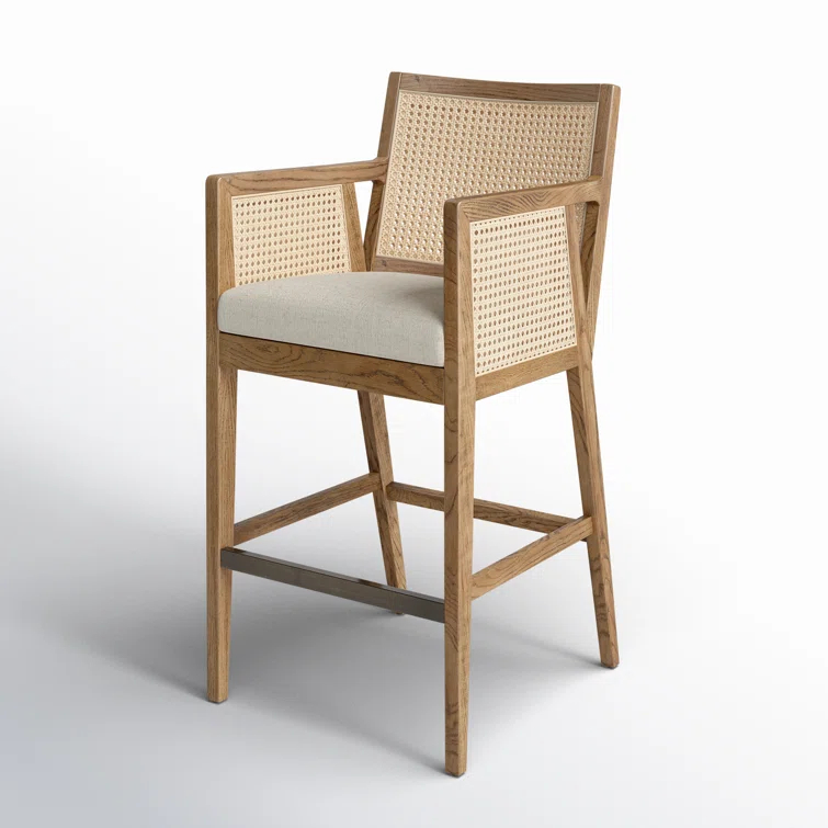 Toasted Parawood & Brass Swivel Bar Stool with Linen-Blend Seat