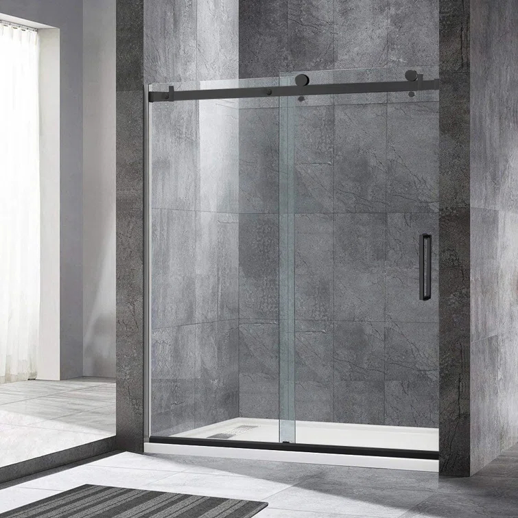 WoodBridge Semi-Frameless Single Sliding Shower Doors, 56-60" W X 76" H With 5/16" Clear Tempered Glass And Explosion-Proof Film MSDF6076-MBL