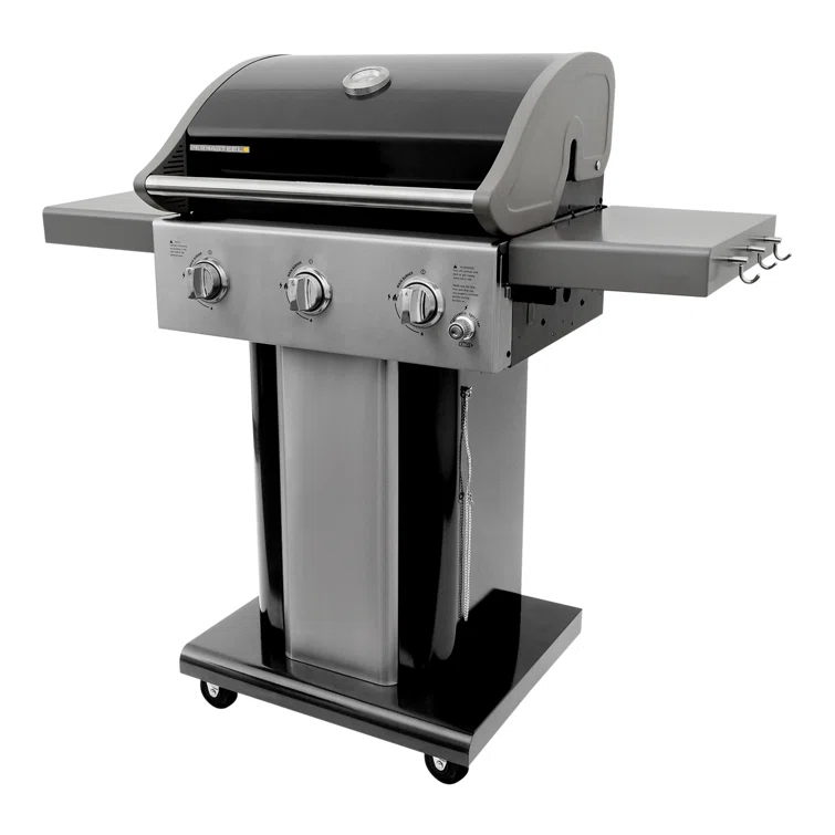 Permasteel 3-Burner Compact Propane Gas Grill with Foldable Side Tables and Grilling Tool Hooks