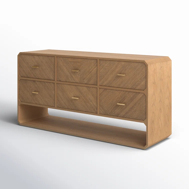 Modern Natural Ash Veneer 6-Drawer Dresser with Satin Brass Hardware