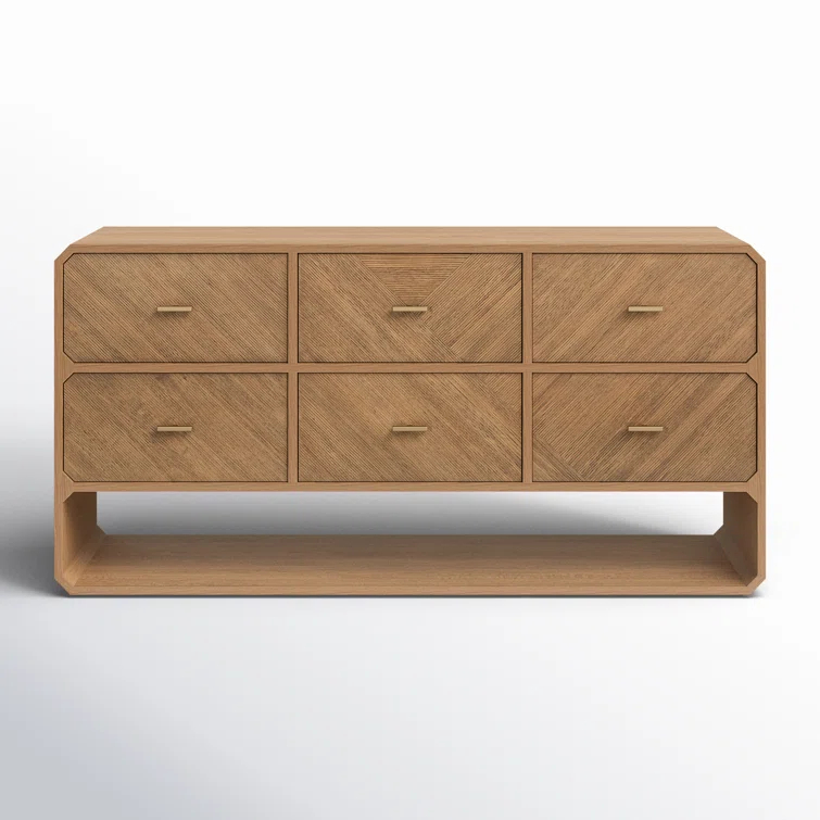 Modern Natural Ash Veneer 6-Drawer Dresser with Satin Brass Hardware