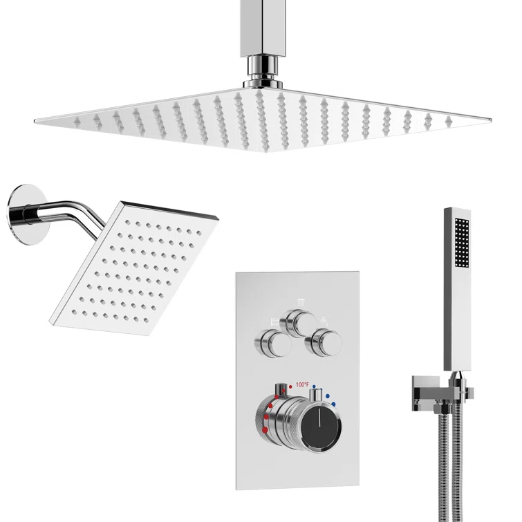Thermostatic Shower Faucet 12" High-Pressure Dual Showerheads with Rough-In Valve