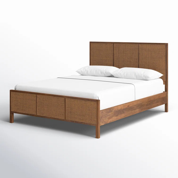 Brown Wash Queen Wood Panel Bed with Woven Cane Headboard