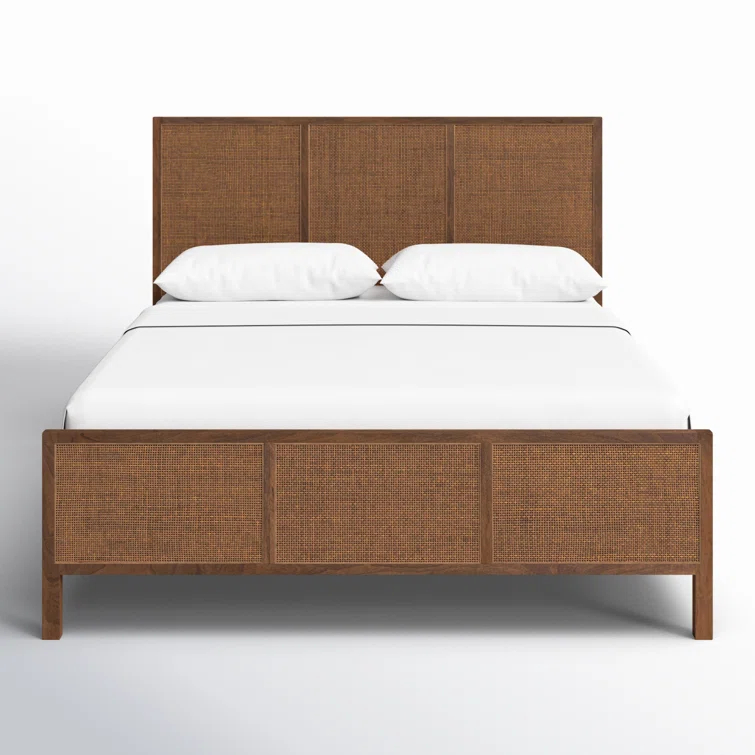 Brown Wash Queen Wood Panel Bed with Woven Cane Headboard