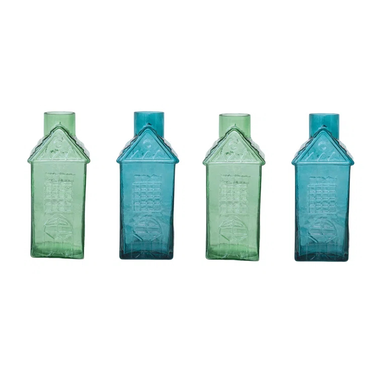 Creative Co-Op Charming Glass House-Shaped Vases, Green and Blue, Set of 2