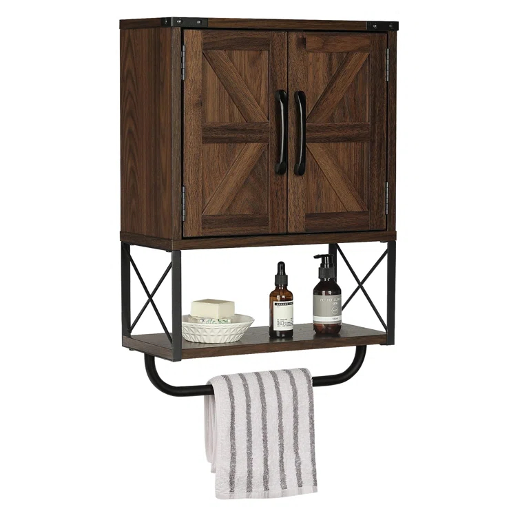 Farmhouse Rustic Medicine Cabinet With Two Barn Door,Wood Wall Mounted Storage Cabinet With Adjustable Shelf And Towel Bar, 3-Tier Cabinet For Bathroom, Living Room