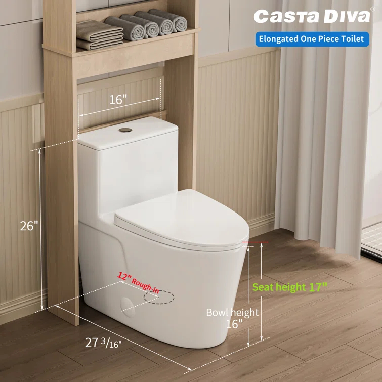 Modern Elongated Toilet, One Piece Toilet 1.0/1.6 GPF MaP 1000g Comfortable Chair Height Toilet