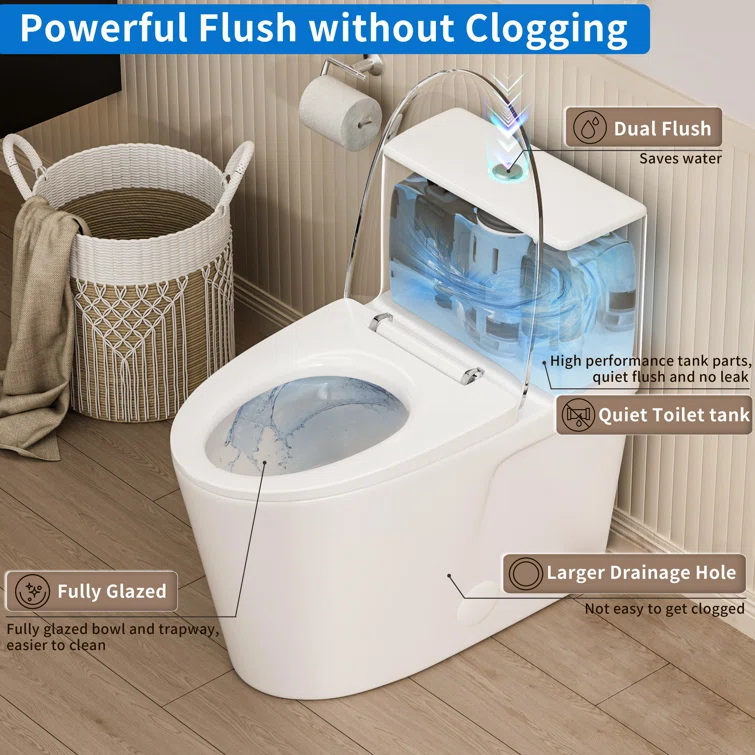 Modern Elongated Toilet, One Piece Toilet 1.0/1.6 GPF MaP 1000g Comfortable Chair Height Toilet
