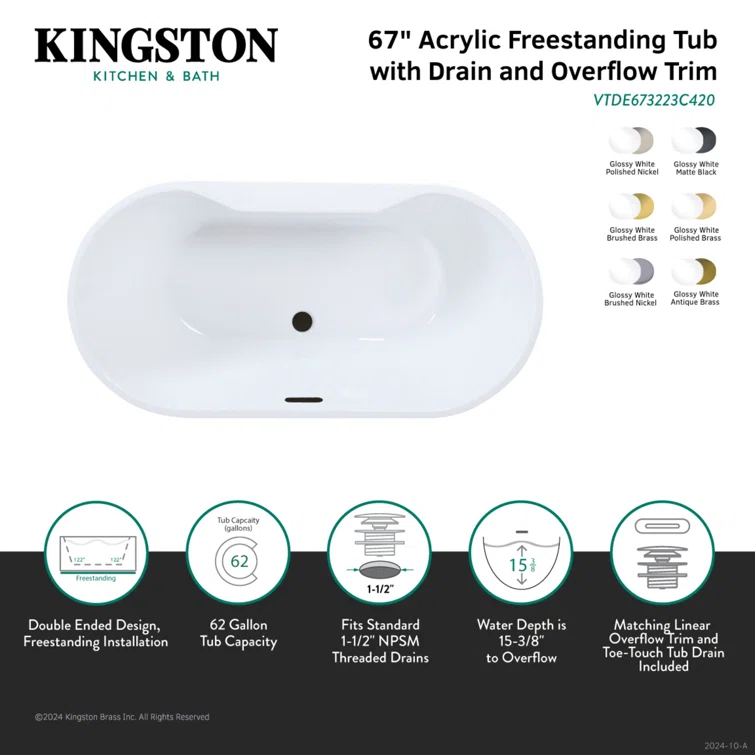 Kingston Brass Aqua Eden 67-Inch Acrylic Oval Double Ended Freestanding Tub With Drain