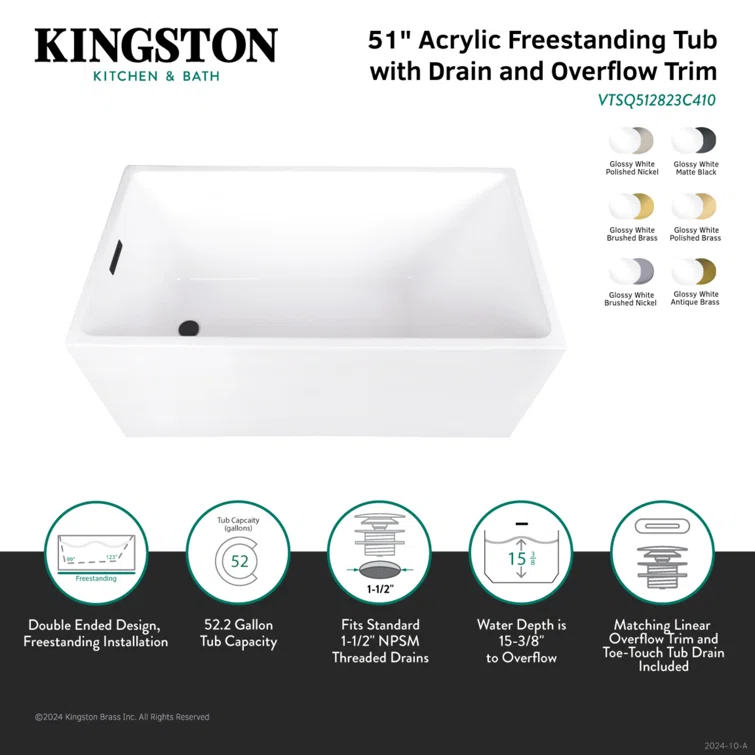 Kingston Brass Kingston Brass Aqua Eden 51-Inch Acrylic Rectangular Double Ended Freestanding Tub With Drain VTSQ512823C418