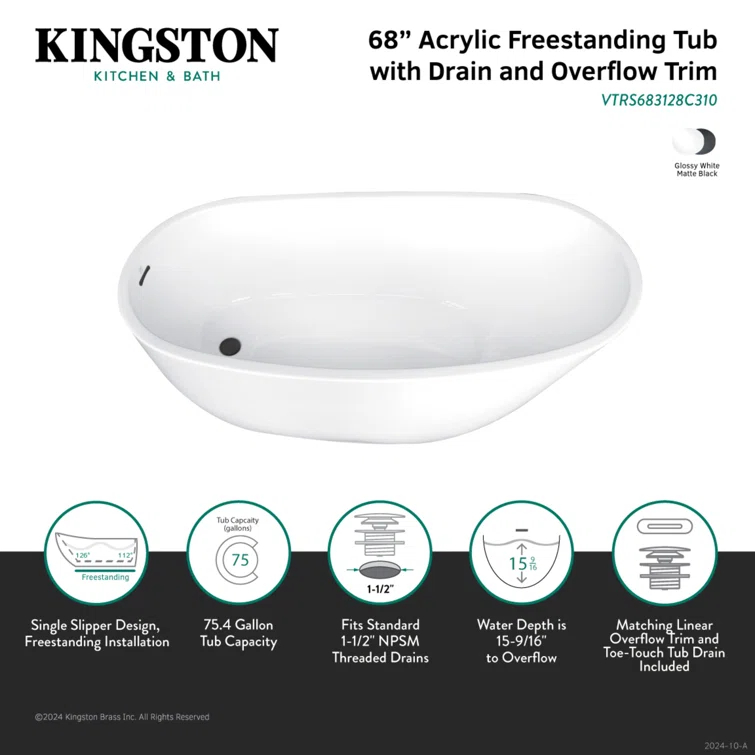 Kingston Brass Aqua Eden 68-Inch Acrylic Oval Single Slipper Freestanding Tub with Drain
