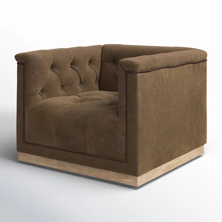 Handcrafted Dark Brown Leather Swivel Accent Chair with Wood Base