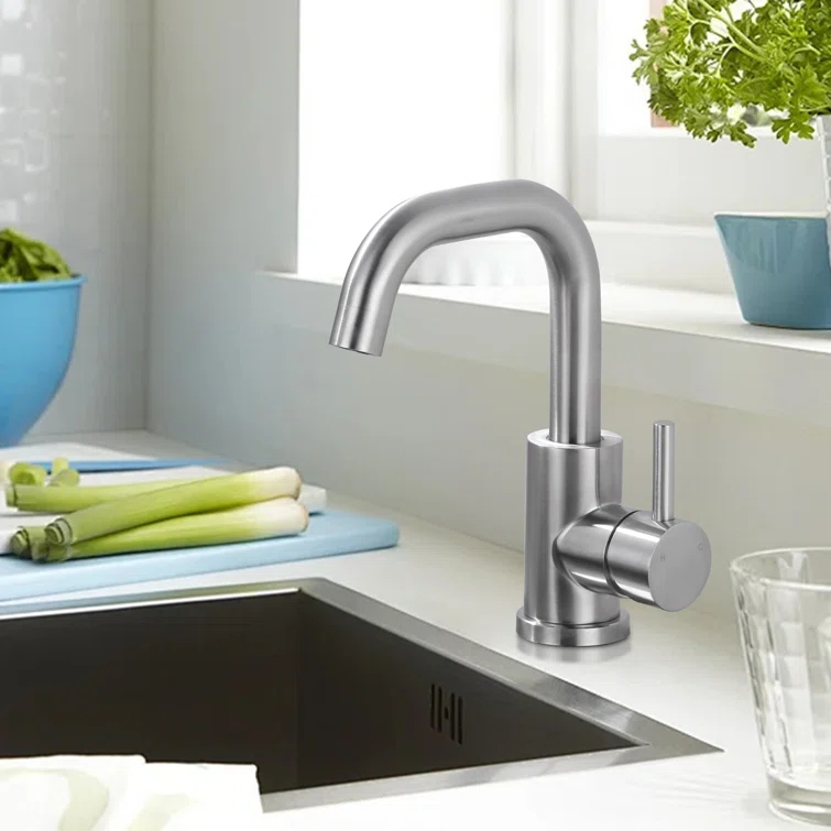 Single Handle Stainless Steel Bar Faucet With Supply Lines And Deckplate