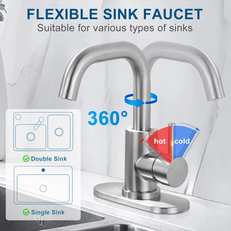 Single Handle Stainless Steel Bar Faucet With Supply Lines And Deckplate