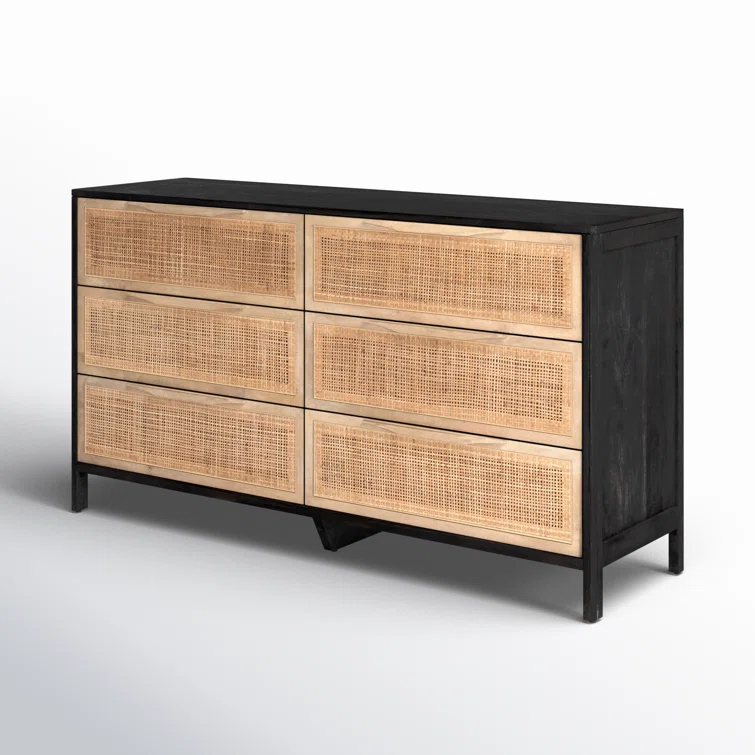 Black Wash Double Mid-Century 6-Drawer Dresser with Cane Detail