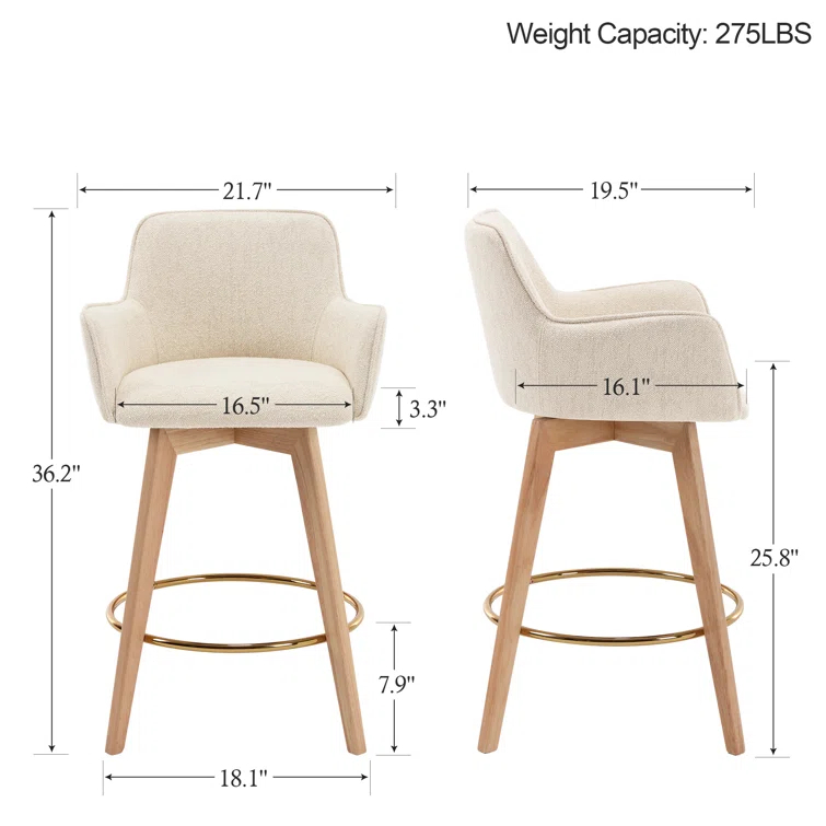 Lovetro Swivel Full Back Arms Upholstered 25.8"H Counter Stool with Solid Rubberwood Frame and Gold Footrest