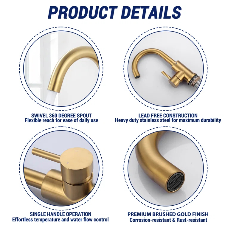 Single Handle Stainless Steel Bar Kitchen Faucet With Swivel Spout And Deckplate