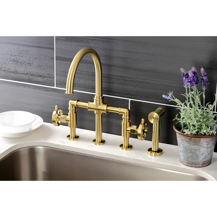 Kingston Brass Kingston Brass Two-Handle 4-Hole Deck Mount Industrial Style Bridge Kitchen Faucet with Brass Side Sprayer KS2333RX