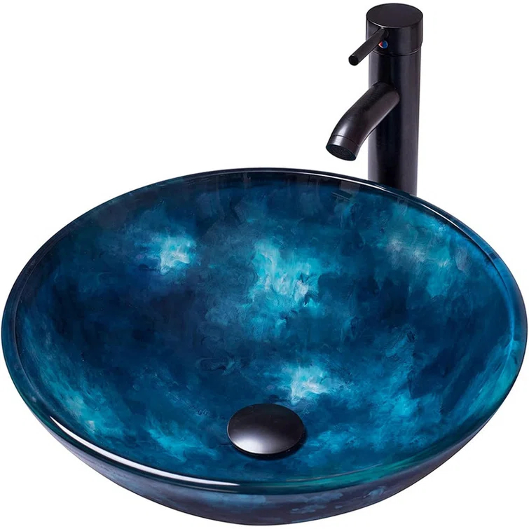 Vessel Sink 16.5" Bathroom Sinks Tempered Glass Blue Art Basin Round Bowl with Faucet Combo Blue