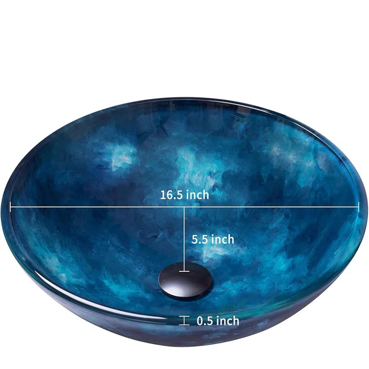 Vessel Sink 16.5" Bathroom Sinks Tempered Glass Blue Art Basin Round Bowl with Faucet Combo Blue