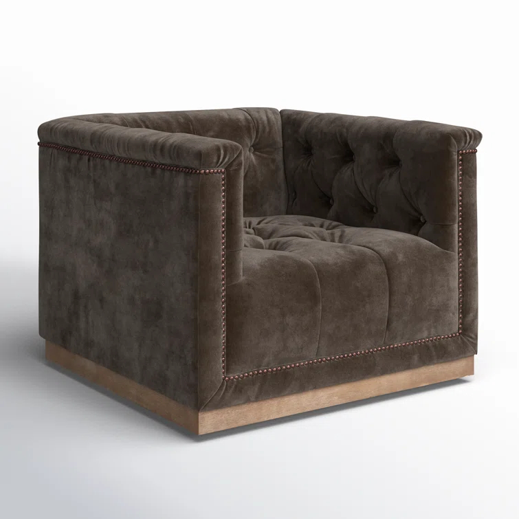 Handcrafted Gray Velvet Swivel Armchair with Bronze Nailheads